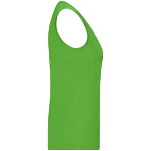 A green ladies active tank top with a sleeveless design and a fitted silhouette. It features a logo.
