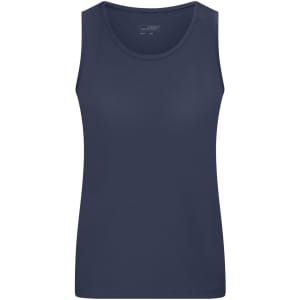 A navy ladies' active tank top with a sleeveless design and a simple logo.