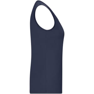 A navy ladies' active tank top with a sleeveless design and a fitted silhouette. Features a logo on the garment.