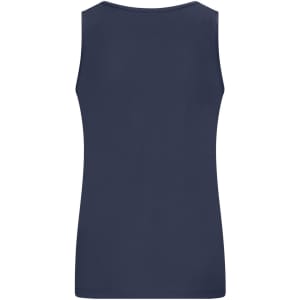 A navy blue active tank top with a sleeveless design and a logo on the back.