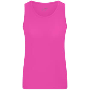 A bright pink ladies' active tank top with a classic sleeveless design and a round neckline. Features a logo.