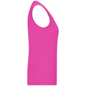 A pink ladies' active tank top with a sleeveless design and a fitted silhouette. Features a logo on the design.