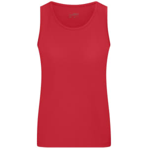 A red active tank top featuring a classic sleeveless design, with a logo on the label.
