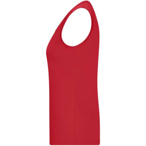 A red ladies active tank top viewed from the side, featuring a sleeveless design and a fitted silhouette.
