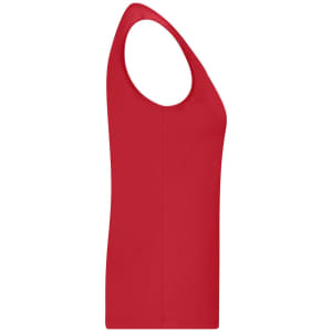 A red ladies active tank top with a sleeveless design and a fitted silhouette, featuring a logo.