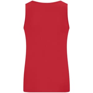 A red ladies active tank top with a sleeveless design and a round neckline. It features a logo.