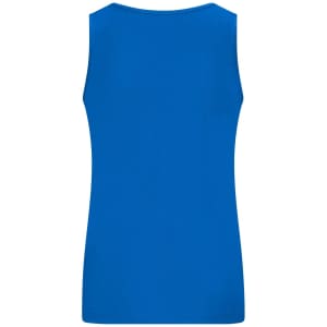 A blue active tank top with a sleeveless design and a simple back. It features a logo.
