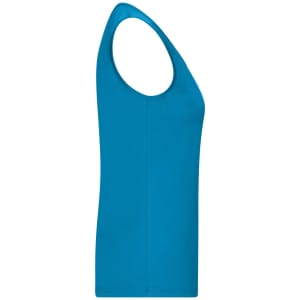 A blue ladies active tank top with a sleeveless design and a fitted silhouette. It features a logo.
