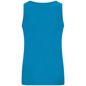 A blue ladies active tank top displayed from the back. Features a simple design with a logo.