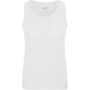 A white ladies' active tank top with a scoop neck and sleeveless design, featuring a small logo.