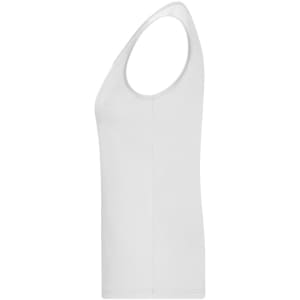 A white ladies active tank top with a sleeveless design and a fitted silhouette. It features a logo.