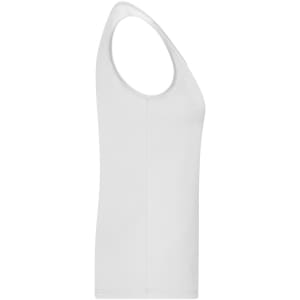 A white active tank top with a sleeveless design and a logo. Suitable for various activities.