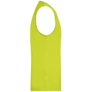 A bright yellow men's active tank top with a sleeveless design and a logo on it.