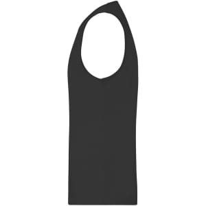 A men's active tank top in black, featuring a sleeveless design and a logo on the side.
