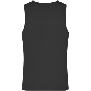 A black men's active tank top featuring a plain back design and a logo at the neckline.
