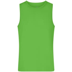 A bright green men's active tank top with a sleeveless design and a plain front. It features a logo on the side.