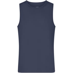 A navy blue men's active tank top with a sleeveless design and a simple logo. Suitable for workouts or casual wear.