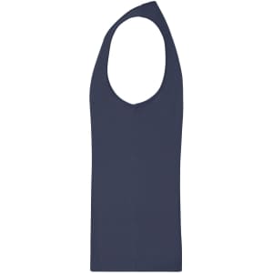 A sleeveless navy men's active tank top with a round neckline and a logo.
