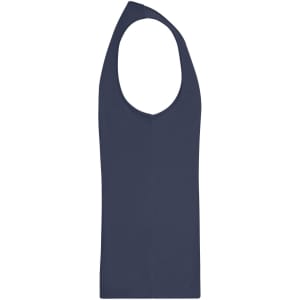 A navy blue men's active tank top with a sleeveless design and a logo on the front.