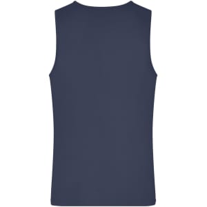 A men's active tank top in navy blue with a simple design and a logo on the back.