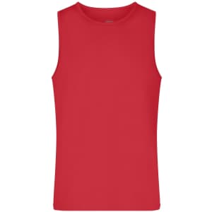 A red men's active tank top featuring a sleeveless design and a plain style, with a logo on the label.