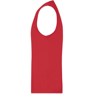 A red men's active tank top with a sleeveless design and a branding logo.