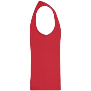 A red men's active tank top with a scoop back design and a logo on the front.