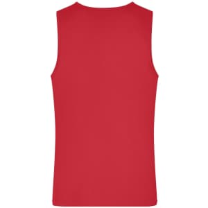 A red men's active tank top with a plain back design and a subtle logo.