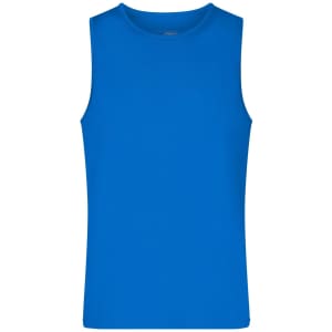 A blue men's active tank top with a sleeveless design and a simple logo.