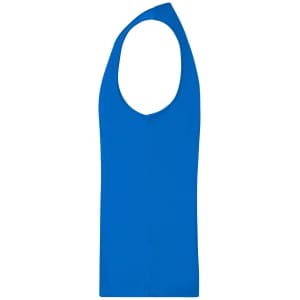 A blue men's active tank top with a sleeveless design and a round neckline, featuring a logo.