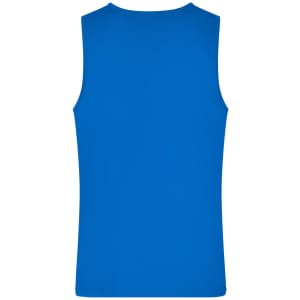 A blue men's active tank top with a simple design and a logo at the back.