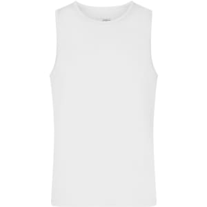 A white men's active tank top with a round neck and sleeveless design. It has a logo on the label.