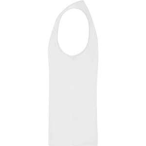 A plain white men's active tank top with a scoop neck and no sleeves. It features a logo on the back.