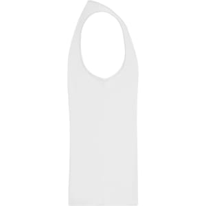A white men's active tank top with a deep scoop neckline, featuring a simple design and no visible branding.