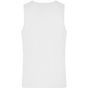 A white men's active tank top with a plain design, featuring a logo on the back.
