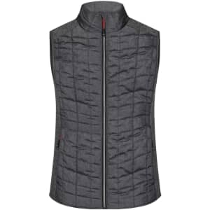A grey knitted hybrid vest featuring a zip front and standing collar, with a textured design and side pockets.