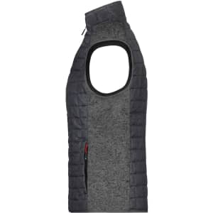 A grey and black knitted hybrid vest with a sleeveless design and a zippered pocket, featuring a logo.