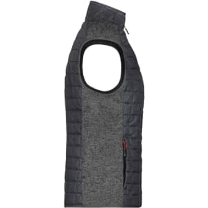 A ladies' knitted hybrid vest featuring a grey knitted fabric and dark quilted detailing, with an open arm design.