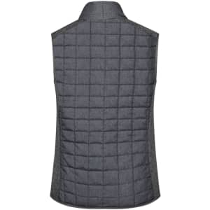 A grey knitted hybrid vest with a quilted back and a plain fabric side. Features a collar and minimal design.