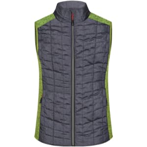 A ladies knitted hybrid vest featuring a dark grey body with bright green accents and a zip front.