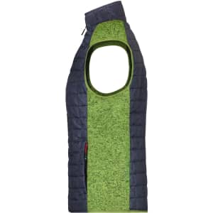 A knitted hybrid vest featuring a green and navy design, with large armholes and a zippered collar.