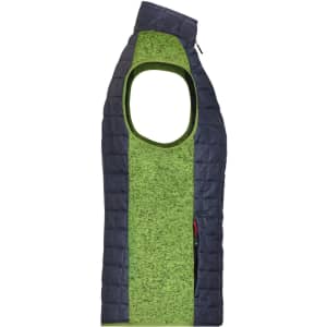 A knitted hybrid vest in vibrant green and navy, featuring a sleeveless design and structured collar.