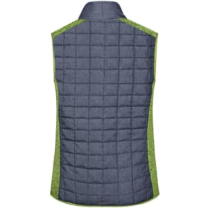 A grey and green ladies knitted hybrid vest featuring a quilted design and a sleeveless cut. It has a logo on the back.
