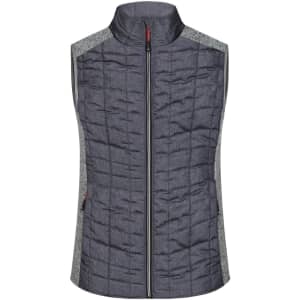 A ladies knitted hybrid vest featuring a navy front and grey side panels, with a high collar and zip closure.