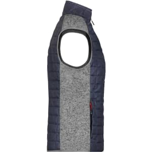 A grey and navy knitted hybrid vest with a sleeveless design and a high collar. Features a logo on the side.