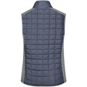 A navy blue knitted hybrid vest with a quilted design and grey side panels. Features a collar and branding.