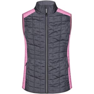 A ladies' knitted hybrid vest featuring a dark grey body with pink accents and a zip front. It has a logo on it.