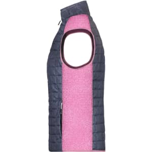A knitted hybrid vest featuring a navy blue and pink colour scheme with a zip closure and a sleeveless design.