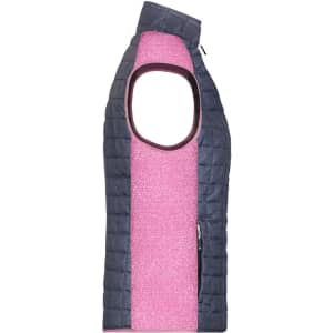 A ladies knitted hybrid vest featuring a pink centre panel and navy side panels, with a high collar and a zipper.