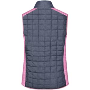 A knitted hybrid vest in dark denim with pink accents, featuring a quilted pattern and a collar.
